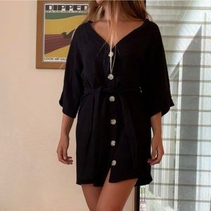 Boho black dress with tortoise buttons and wrap belt